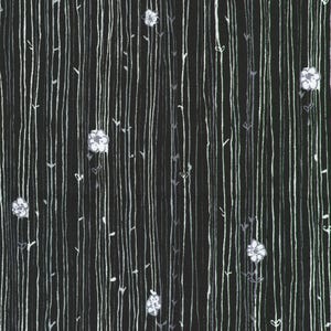 May include: Black fabric with a pattern of vertical white and gray lines, resembling a forest or rain. Scattered throughout are small white flowers and tiny gray heart and leaf shapes.