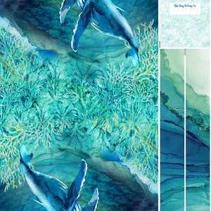 May include: A canvas bag panel featuring two blue whales swimming in a turquoise and blue ocean with coral. The panel is 24 inches by 43 inches.