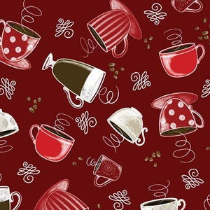 May include: A seamless pattern featuring various coffee cups and coffee beans on a deep red background. The cups are in red, white, and brown, with polka dots and stripes. White swirls and decorative elements complete the design.