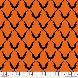 Scaredy Cat by Rachel Hauer - Bat Rib Tac Orange - Mfg. Free Spirit - Mfg. #PWRH033.ORANGE - Premium Cotton Fabric - Sold by Half Yard Cuts