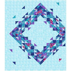 May include: A geometric quilt with a light blue background and a central diamond shape. The diamond is composed of smaller triangles in shades of blue, purple, and teal, creating a mosaic-like pattern. Scattered triangles of various sizes and colors are also present.