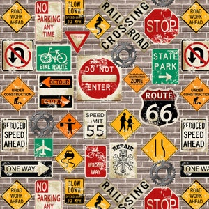 My Tools My Rules - Tossed Road Signs - Mfg. Henry Glass - Mfg. # HEG512-30 - Premium Cotton Fabric - Sold by Half Yard Cuts