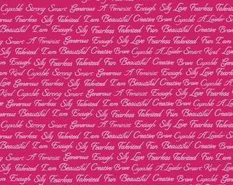 Enchanted Pomegranate I Am Script cotton quilting fabric by Free Spirit - Manufacturer# PWVW017.POMEGRANATE - Sold in half yard increments