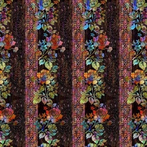 May include: A seamless pattern featuring colorful floral designs with a vintage aesthetic. The pattern is set against a dark background with vertical stripes of pink, orange, and gold.