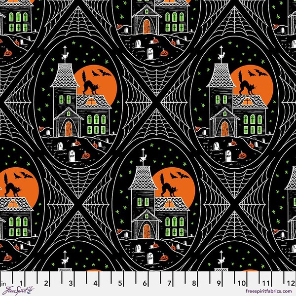 Scaredy Cat by Rachel Hauer - Black Haunted House - Mfg. Free Spirit - Mfg. #PWRH026.BLACK - Premium Cotton Fabric - Sold by Half Yard Cuts