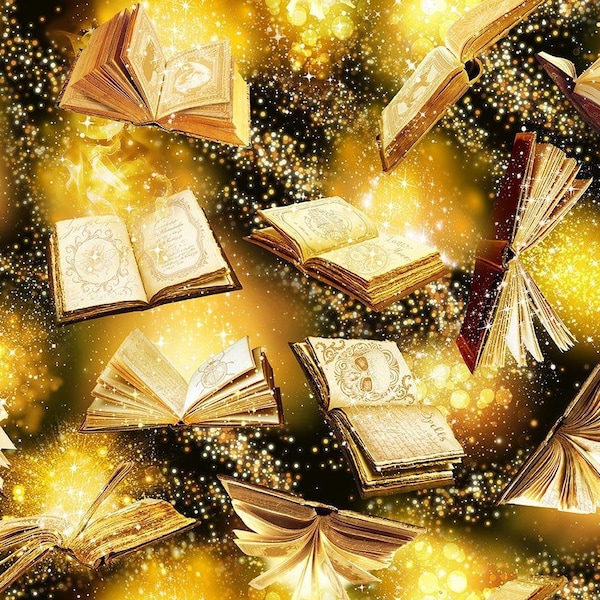 Mystic Library Gold Magic Spell Books Flying Fabric from Timeless Treasures, Item# LIBRARY-CD2531, Color-Gold, sold in 1/2 yd increments