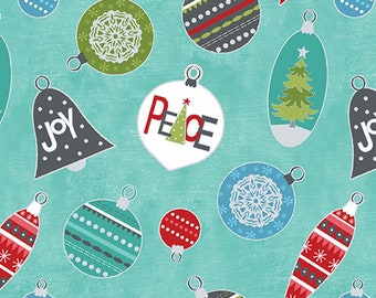 A Cozy Winter by Cherry Guidry cotton quilting fabric of Peace and Joy Ornaments in Turquoise from Benartex