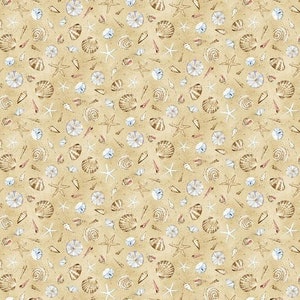 May include: A seamless pattern featuring a variety of seashells, starfish, and sand dollars on a beige background. The pattern is perfect for crafting projects, scrapbooking, and home decor.