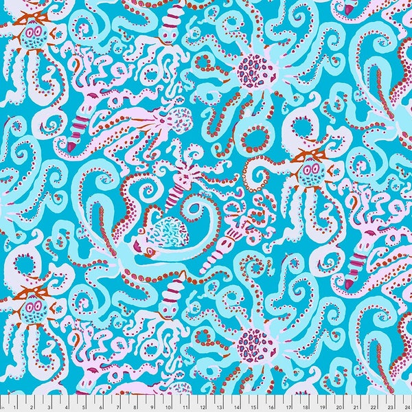 Kaffe Fassett Turquoise Octopus cotton quilting fabric by Free Spirit - Manufacturer# PWBM074.TURQUOISE - Sold in half yard increments