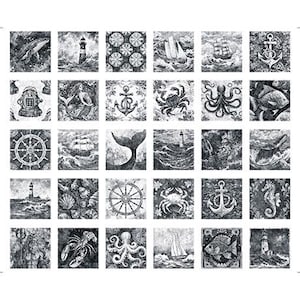 May include: A collection of black and white nautical-themed square images. The images depict various marine elements, including whales, lighthouses, ships, anchors, and sea creatures. The overall design has a vintage, artistic aesthetic.