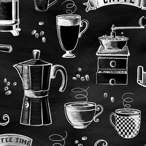 May include: Black and white chalkboard-style illustration featuring coffee-related items. The image includes coffee cups, a coffee maker, coffee beans, and a coffee grinder. The words "Coffee Time" are visible on a banner.