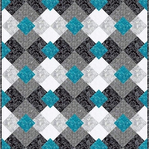 May include: A quilt with a repeating diamond pattern. The design features diamonds in white, gray, black, and teal. The black diamonds have a floral pattern. The quilt is a patchwork design.