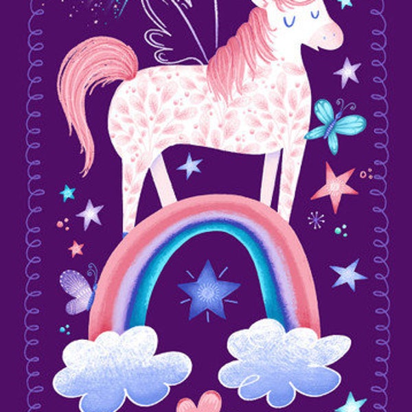 132 - Sparkle Like a Unicorn - Dark Purple Unicorn Quilt Fabric Panel 24" from Blank Quilting Item #B-1863P-55