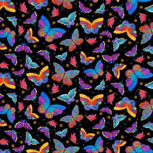 May include: A black fabric featuring a repeating pattern of colorful butterflies in shades of blue, purple, pink, orange, and yellow. The butterflies are depicted with intricate wing designs and are scattered across the dark background.