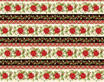 Holly Berry by Art Loft cotton quilting fabric in Cream, Poinsettia Border from Studio E