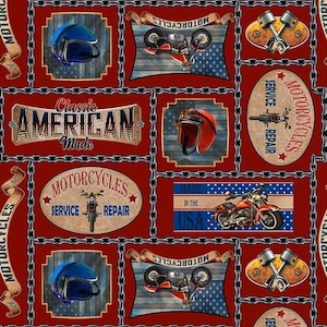 May include: Red background with a repeating pattern of motorcycle themed images.  The images include motorcycles, helmets, wrenches, and American flags.  The text "Classic American Made" and "Motorcycles Service Repair" are also included in the pattern.