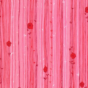 May include: A pink fabric with a vertical striped pattern in shades of pink, red, and white. Scattered throughout are small red flowers and tiny white hearts. The design is a repeating pattern, suitable for various craft projects.