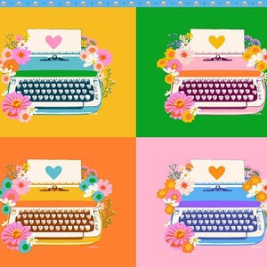 May include: A colorful illustration features four panels, each with a vintage typewriter surrounded by flowers. The typewriters are in shades of blue, pink, yellow, and orange, each with a heart symbol on the paper. The background colors are yellow, green, orange, and pink.