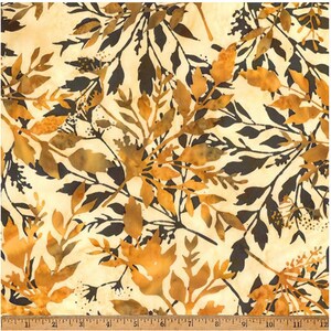 May include: Fabric with a botanical pattern featuring leaves and branches in shades of brown and black against a cream background. The design includes various leaf shapes and sizes, creating a natural, organic aesthetic. The fabric is suitable for sewing and crafting projects.