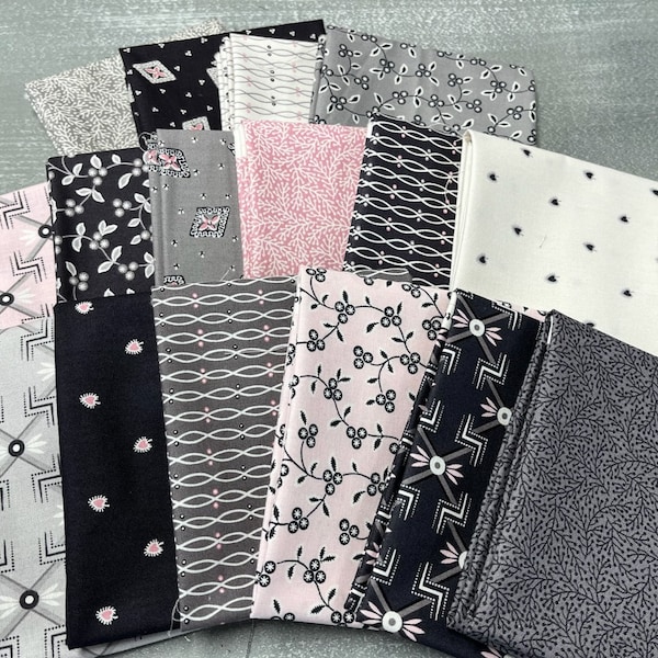 Tangent  by Andover Fabrics - Bundle of 12 Fat Quarters Black White Pink Floral Hearts Geometric Modern Valentine Soft Girl