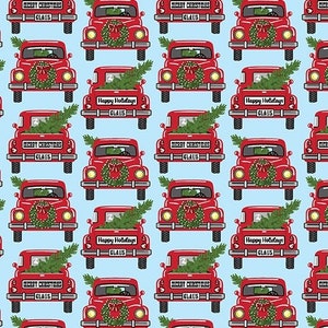 Country Christmas by Kanvas Studio - Red Trucks Sky Blue - Mfg. Benartex - Mfg. # 14008-55 - Premium Cotton Fabric - Sold by Half Yard Cuts