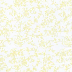May include: A white fabric featuring a repeating pattern of light yellow swirling vines, delicate leaves, and small floral blossoms. The design is evenly distributed across the surface, creating a continuous botanical motif with soft, pale yellow tones.