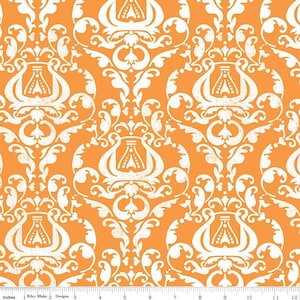 May include: Orange fabric with a white damask pattern. The pattern features a repeating design of a lyre, a musical instrument, with intricate floral details.