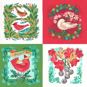 May include: A white background with a repeating pattern of green and blue trees. The pattern is divided into four squares. Each square features a different holiday-themed image. The top left square features a red cardinal in a green wreath. The top right square features a white dove in a red wreath. The bottom left square features a red cardinal in a green wreath with the word "Peace" on a ribbon. The bottom right square features two yellow birds in a red flower with silver bells.