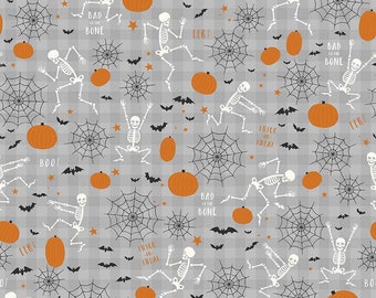 Bad to the Bone cotton quilting fabric by My Mind's Eye in Gray Skeletons,  Glows in the Dark from Riley Blake