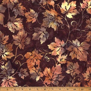 May include: Fabric with a repeating pattern of autumn leaves in shades of orange, gold, and purple against a dark burgundy background. The leaves have detailed veining and are arranged with curling vines.
