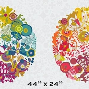 May include: A colorful fabric design with two circular patterns featuring a variety of flowers, leaves, and abstract shapes in shades of red, orange, yellow, green, blue, and purple. The fabric measures 44 inches by 24 inches.