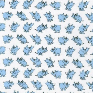 May include: A repeating pattern of light blue cartoon rhinoceroses on a white background. The rhinoceroses are drawn in a whimsical style, with large ears and expressive faces. This design is suitable for fabric or wallpaper.