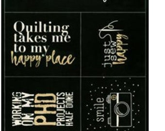 Sew Happy Canvas by Zen Chic - 24"x44" Panel - Metallic Gold and Black - Mfg. Moda - Mfg. #1750 14CVM - Premium Cotton Canvas