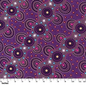 May include: A patterned fabric featuring a repeating design of swirling shapes and dots in shades of purple, pink, and gold. The design includes wavy lines with circular patterns and small dots, creating a visually complex and textured appearance. The fabric is measured in inches.