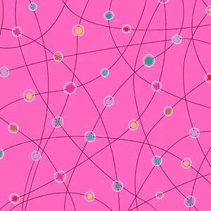 May include: Abstract pattern with colorful circles connected by black lines on a pink background.
