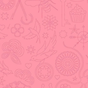 May include: A pink fabric with a repeating pattern of various line drawings. The drawings include a cupcake, a bee, a star, a flower, a bird, a compass, and a sun.