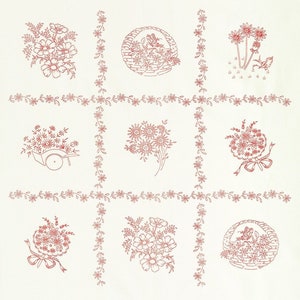 Daisy's Redwork - 36" Vintage White Panel - premium 100% cotton fabric by Robert Kaufman - Item# FLH-21293-83