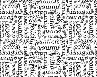 Botanica - Script Black/White Premium Cotton Fabric from Benartex and Amanda Murphy, manufacturer Item #13685-14B, sold by half yard