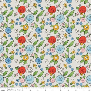 May include: A seamless pattern featuring a variety of colorful flowers on a light beige background. The flowers include red roses, blue and pink swirls, yellow centers, and green leaves.