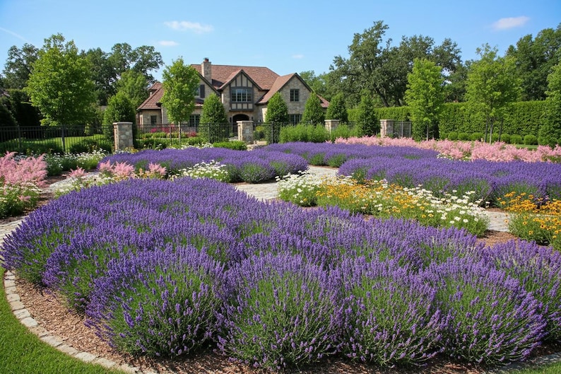K&ouml;nnte beinhalten: Eine gro&szlig;e Gartenlandschaft mit weitl&auml;ufigen Reihen violetter Lavendelb&uuml;sche, Flecken aus wei&szlig;en und gelben Wildblumen sowie rosa Astilben. Ein Steinpfad schl&auml;ngelt sich durch die Blumenbeete zu einem gro&szlig;en, mehrst&ouml;ckigen Haus im Hintergrund.