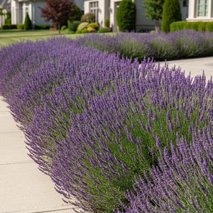 May include: A long, dense row of vibrant purple lavender plants in full bloom, lining the edge of a light-colored concrete sidewalk. The lavender bushes feature numerous slender, upright flower spikes with small, clustered purple blossoms.