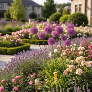 May include: A garden landscape featuring tall purple allium flowers with spherical blooms, surrounded by clusters of pink and cream roses, purple lavender stalks, and green ornamental grasses, all bordered by manicured boxwood hedges.