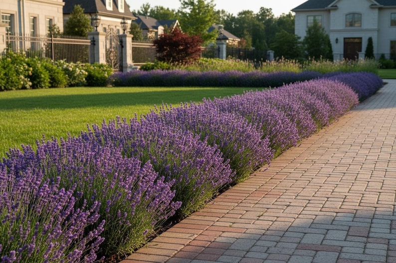 K&ouml;nnte beinhalten: Eine lange, dichte Reihe von leuchtend violetten Lavendelpflanzen in voller Bl&uuml;te, die an einen gepflegten gr&uuml;nen Rasen und einen hellen Ziegelweg grenzen, der zu einem gro&szlig;en Wohnhaus im Hintergrund f&uuml;hrt.