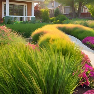 May include: A lush green lawn with a winding pathway leading through a variety of grasses, including tall, feathery blades and shorter, clumping varieties. The grasses are a mix of green and yellow hues, creating a vibrant and textured landscape.