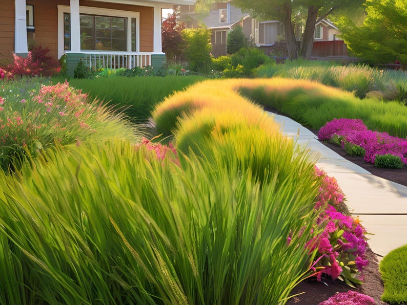 May include: A lush green lawn with a winding pathway leading through a variety of grasses, including tall, feathery blades and shorter, clumping varieties. The grasses are a mix of green and yellow hues, creating a vibrant and textured landscape.