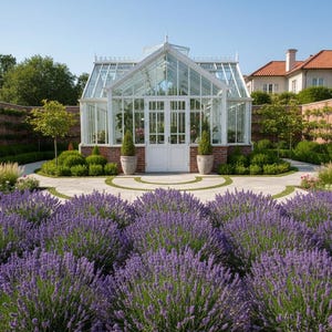 K&ouml;nnte beinhalten: Ein wei&szlig;es Gew&auml;chshaus aus Glas mit Giebeldach und Doppelt&uuml;ren steht in einem Garten. Das Bauwerk ist von einer Ziegelmauer, gepflegten gr&uuml;nen Str&auml;uchern und einem gro&szlig;en Vordergrund aus violettem Lavendel unter blauem Himmel umgeben.
