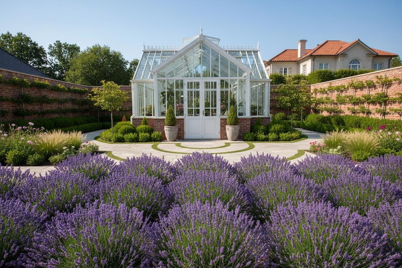K&ouml;nnte beinhalten: Ein wei&szlig;es Gew&auml;chshaus aus Glas mit Giebeldach und Doppelt&uuml;ren steht in einem Garten. Das Bauwerk ist von einer Ziegelmauer, gepflegten gr&uuml;nen Str&auml;uchern und einem gro&szlig;en Vordergrund aus violettem Lavendel unter blauem Himmel umgeben.