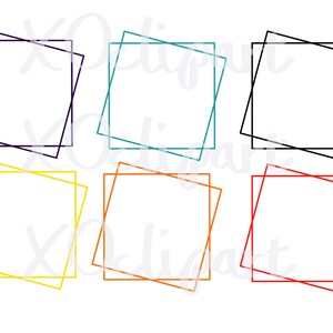 May include: Six different colored square frames with angled edges. The frames are in shades of teal, black, yellow, orange, and red.