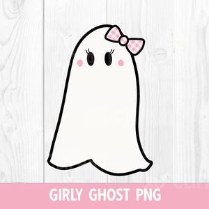 May include: A white ghost illustration with a thick black outline, featuring two black oval eyes with eyelashes, small pink circular cheeks, and a pink and white gingham patterned bow attached to the top right side of the head.