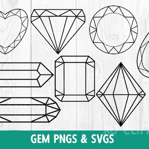 May include: A collection of black line art gem shapes, including a heart, diamond, round, and teardrop. The image also features rectangular and square gem designs. The text "GEM PNGS & SVGS" is at the bottom.